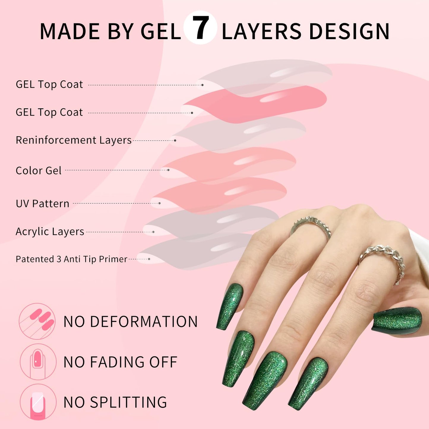 Dark Green Cat Eyes Press On Nails,12 Sizes - 24 Pcs Soft Gel Green Medium Coffin Fake Nails Kit with Nail Glue, Natural Reusable Stick On False Nails for Women and Girls SK0998