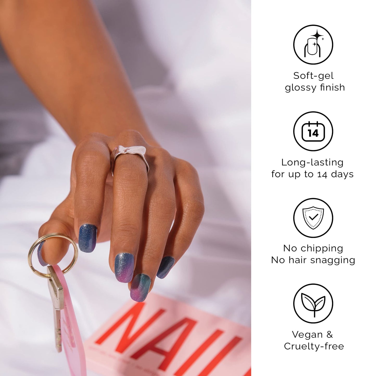 Semi Cured Gel Nail Strips, NAILOG 20pcs Long Lasting Nail Stickers Work with Any UV Light, Wraps with Glossy Gel Finishing for Women Girls Kids DIY Gift│Aurora