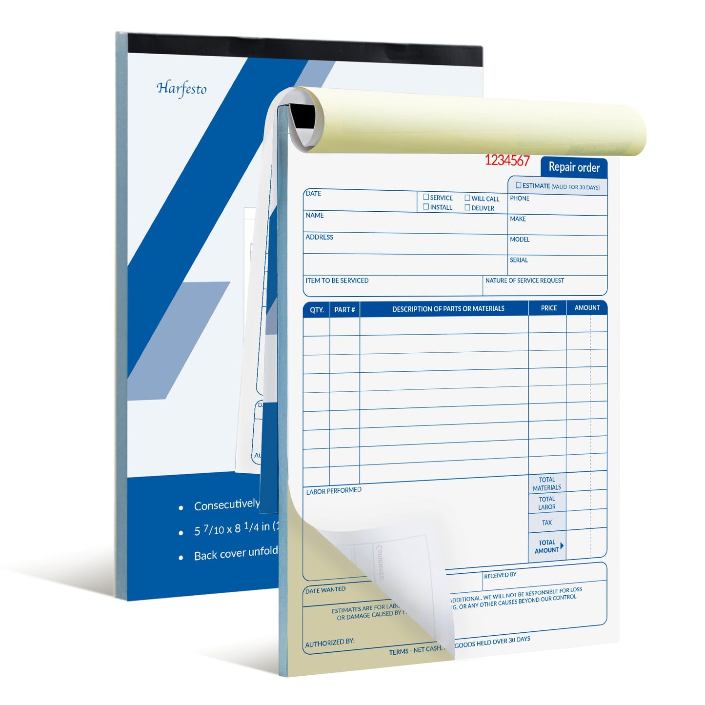 Harfesto Repair Order Book, 2 Part Carbonless Job Work Order Forms - White/Yellow, 5-7/10 x 8-1/4 Inches, Invoice Receipt Book for Small Business, Consecutively Numbered, 100 Sets (2 Packs)