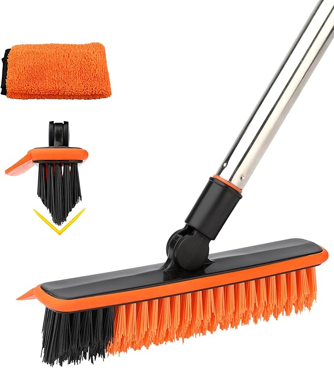 2 in 1 Floor Scrub Brush Grout Brush with 57.8" Long Handle,120Â°Rotatable Shower Tile Grout Cleaner Scrubber,V-Shaped Corner Brush for Hard to Reach Areas (Orange)