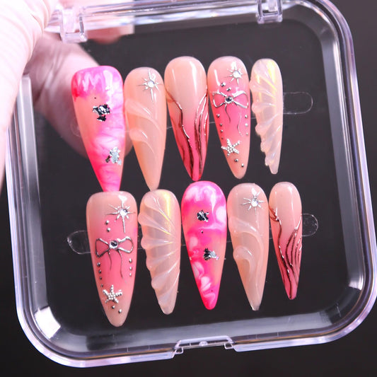 MXYIYANR stiletto Press on Nails Long Fake Nails 3D Flolwer False Nails with Design Full Cover Almond Fake Fingernails Acrylic Stick ons Women 10 Pcs (S)