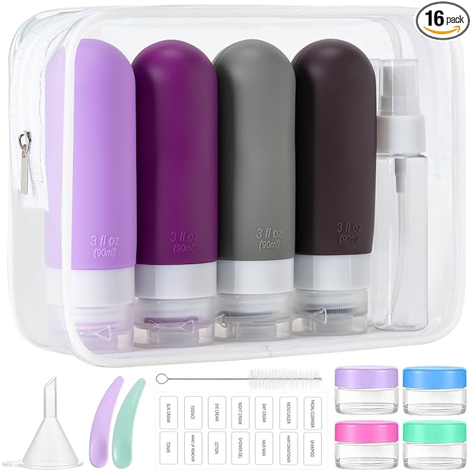 16pack Travel Bottles for Toiletries, TSA Approved LeakProof Squeezable Silicone Toiletry Containers for Shampoo, Conditioner, 3oz Portable Refillable Traveling Size Liquid Containers (16Pcs/Purpleï¼