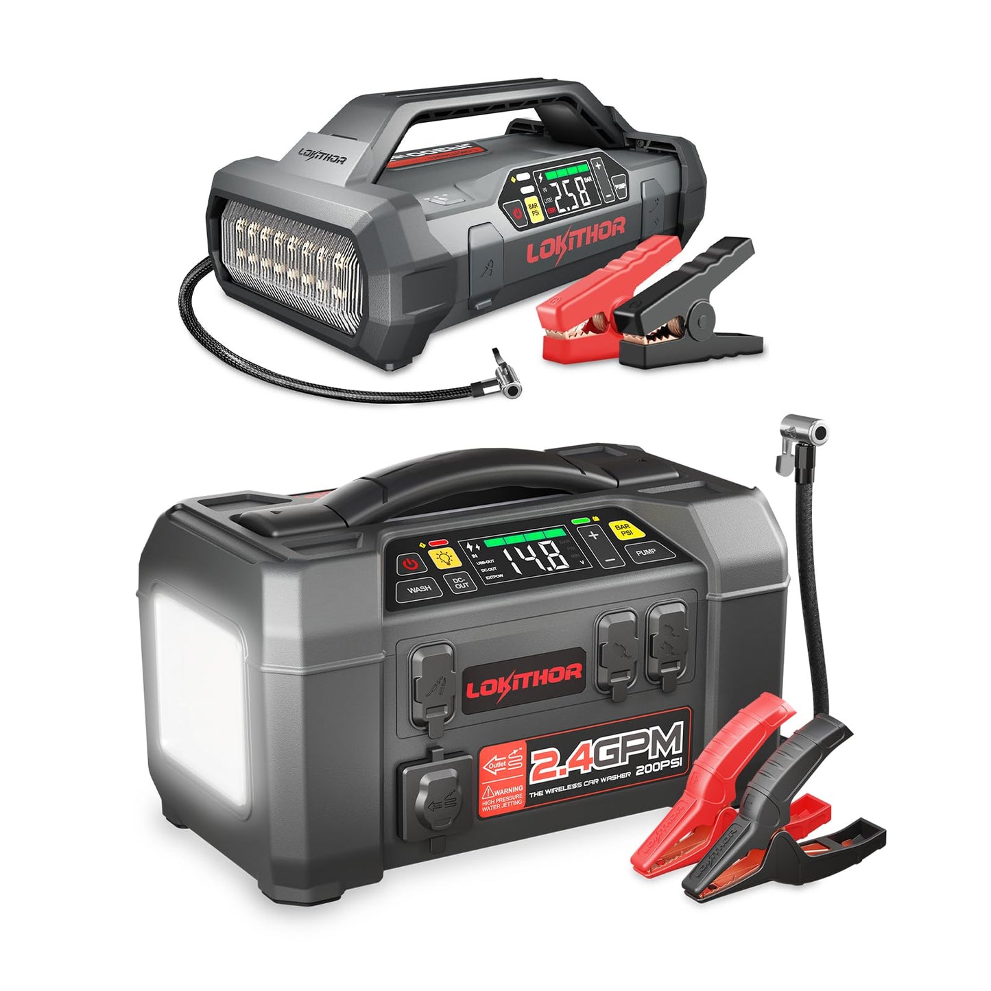 LOKITHOR JA300 1500Amp Jump Starter with 150PSI Air Compressor and AW401 2500Amp Jump Starter with 200PSI Car Washer