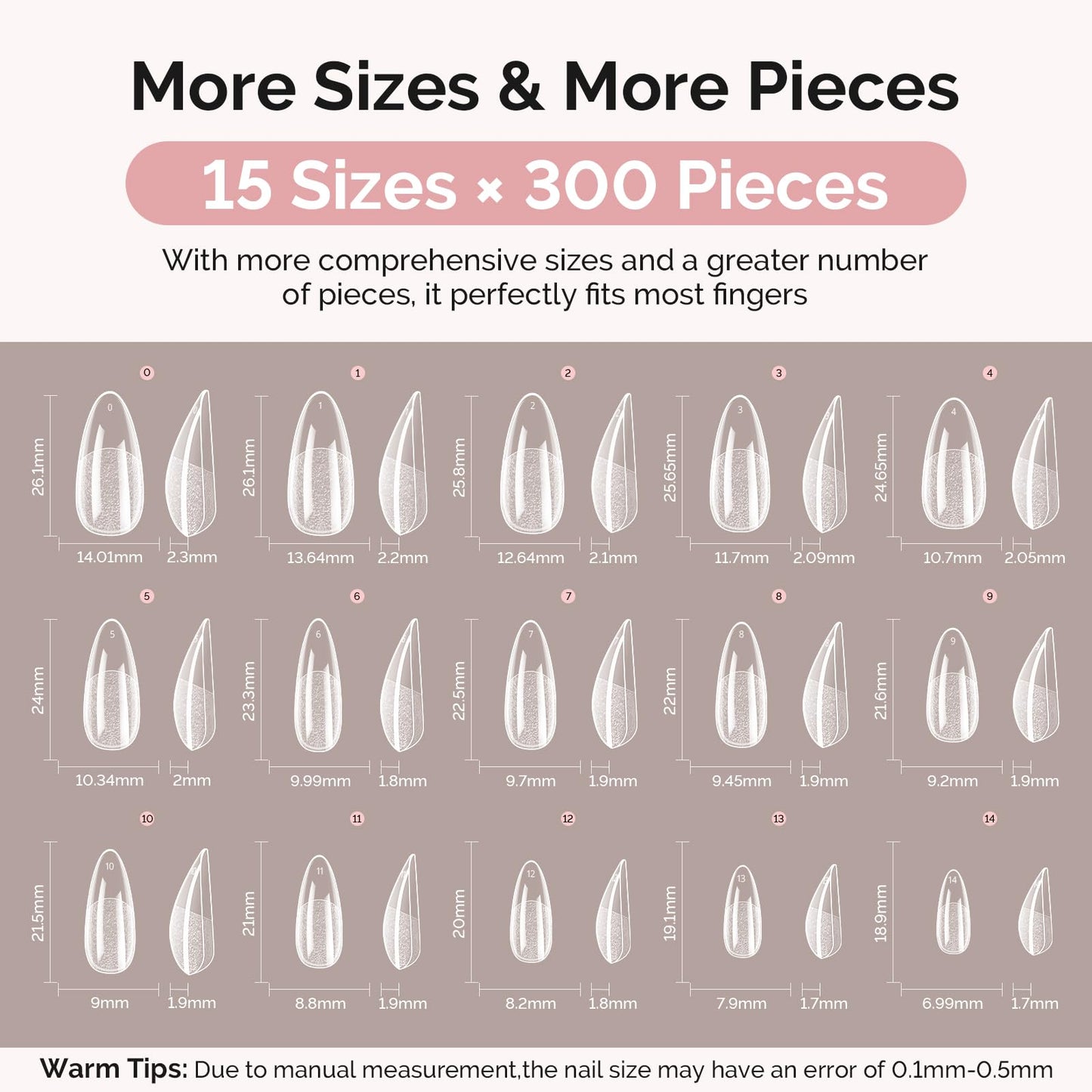 MelodySusie Medium Almond Gel Nail Tips Kit-300Pcs 15Sizes Pre-Building Apex Fake Nail Tips 20gSolid Nail Glue Gel,Half Matte Full Cover Clear Acrylic Nail,Thick Strong Long Lasting for Home DIY&Salon