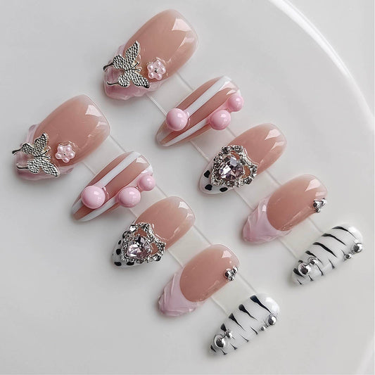 Gleamrain Almond Medium Handmade Press on Nails for Women, Handcrafted Butterfly and Nude Design Reusable Full Cover Fake Nail for Daily Wear Party Birthday D312