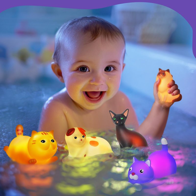 VIBOYLAR Bath Toys for Kids 1-3, 6 PCS Light-Up Cat Bath Toy Set, Baby Toddler Bath Toys, Bathtub Pool Bath Toy for Kids, Christmas Birthday Gifts for Boys & Girls Ages 1 2 3+ Years Old