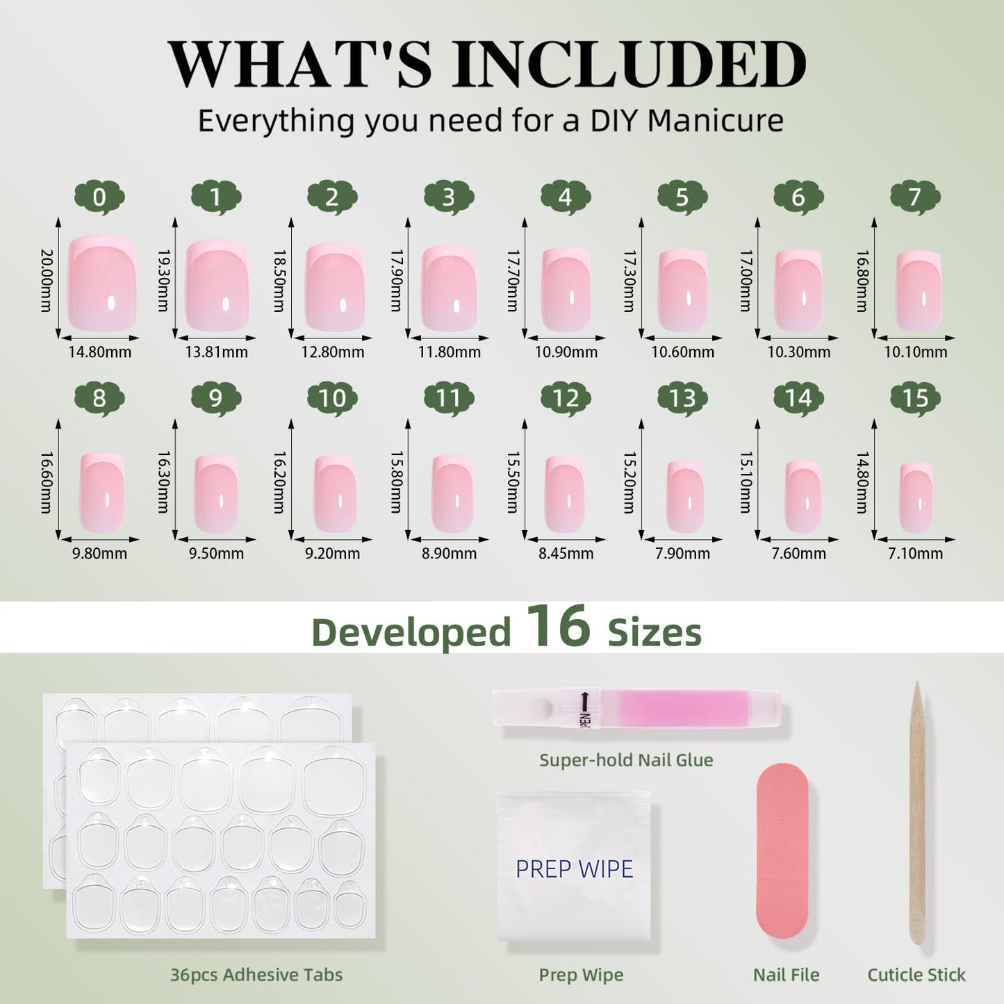WiniBeauty Pink French Tip Press On Nails - Pink Short Square Fake Nails, French Tip Press On Nails Reusable Stick On Nails in 16 Sizes, 32pcs False Nail Kit for Women & Girls