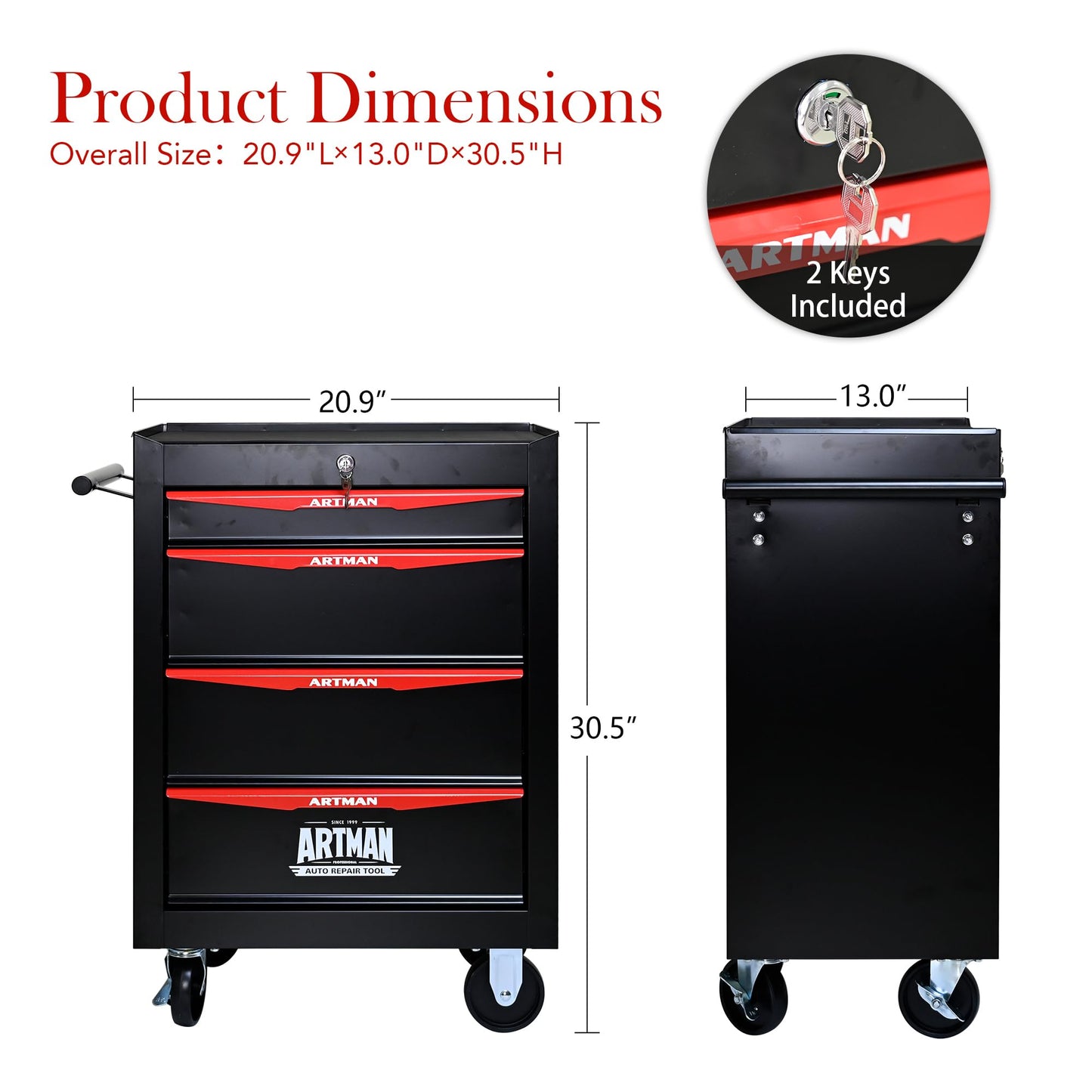 RYH 4-7 Drawers Rolling Tool Chest - 13" D x 20.9" W x 30.5" H Heavy Duty Mobile Tool Cart with Locking Wheels & Ball Bearing Drawers, Garage Tool Storage Cabinet (Black, 4 Drawers)