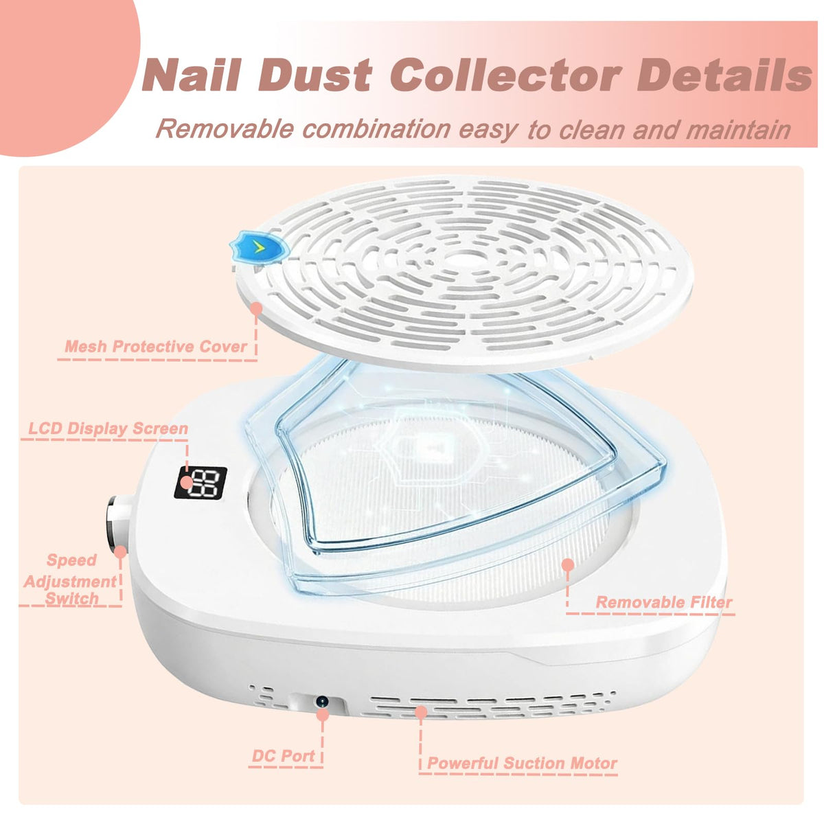 ibubu Professional Pedicure Nail Fan Vacuum Dust Cleaner Collector Quiet Nail Tech Adjustable Speed with LED Display Low Noise Strong Suction Detachable Easy to Clean for Manicure Salon & Home Use