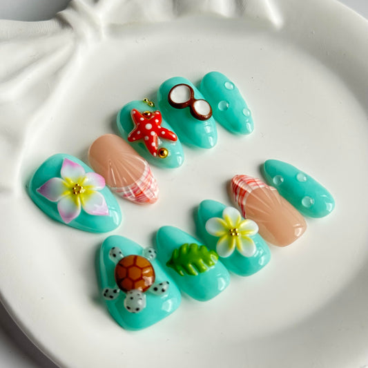 Handmade Press on Nail Short Almond Fake Nails Blue Press ones with Sea Star Turtle Flower designs 3D False Nails Full Cover Cute Glue on Nails French Tip Stick on Nail for Women Beach10pcs（s size）