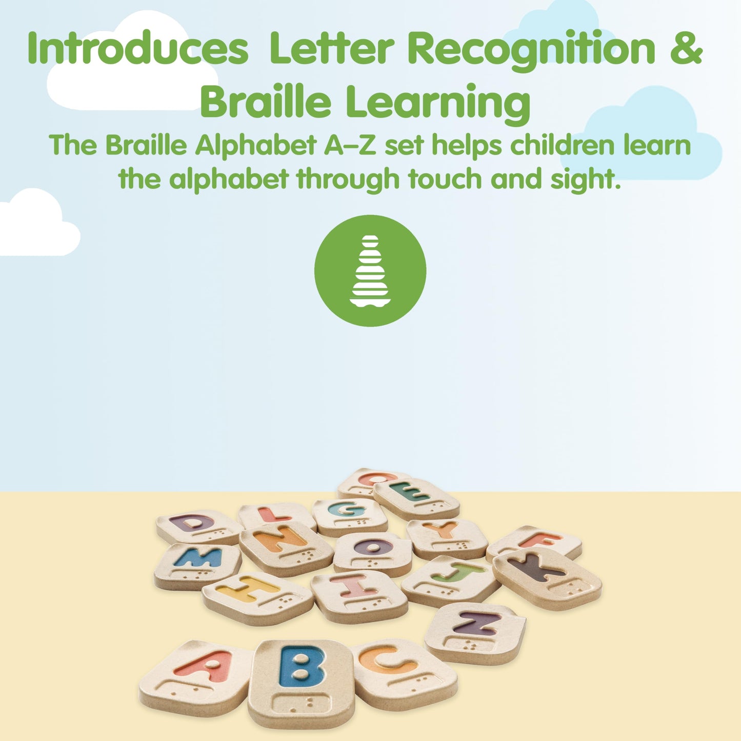 PlanToys Braille Alphabet A-Z Braille-Reading Alphabet Learning Toys - 26 Sustainably-Made Traceable Wooden Tiles with Upper and Lower Case Letters and Braille