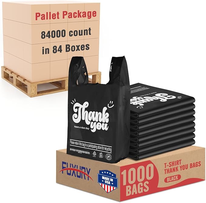 Fuxury Thank You Plastic T-shirt Bags Black 84000 Count (84 Boxes,1000 Count/box) Pallet Package for Small Business, Grocery, Take Out, To Go, Retail Shopping Bags in Bulk