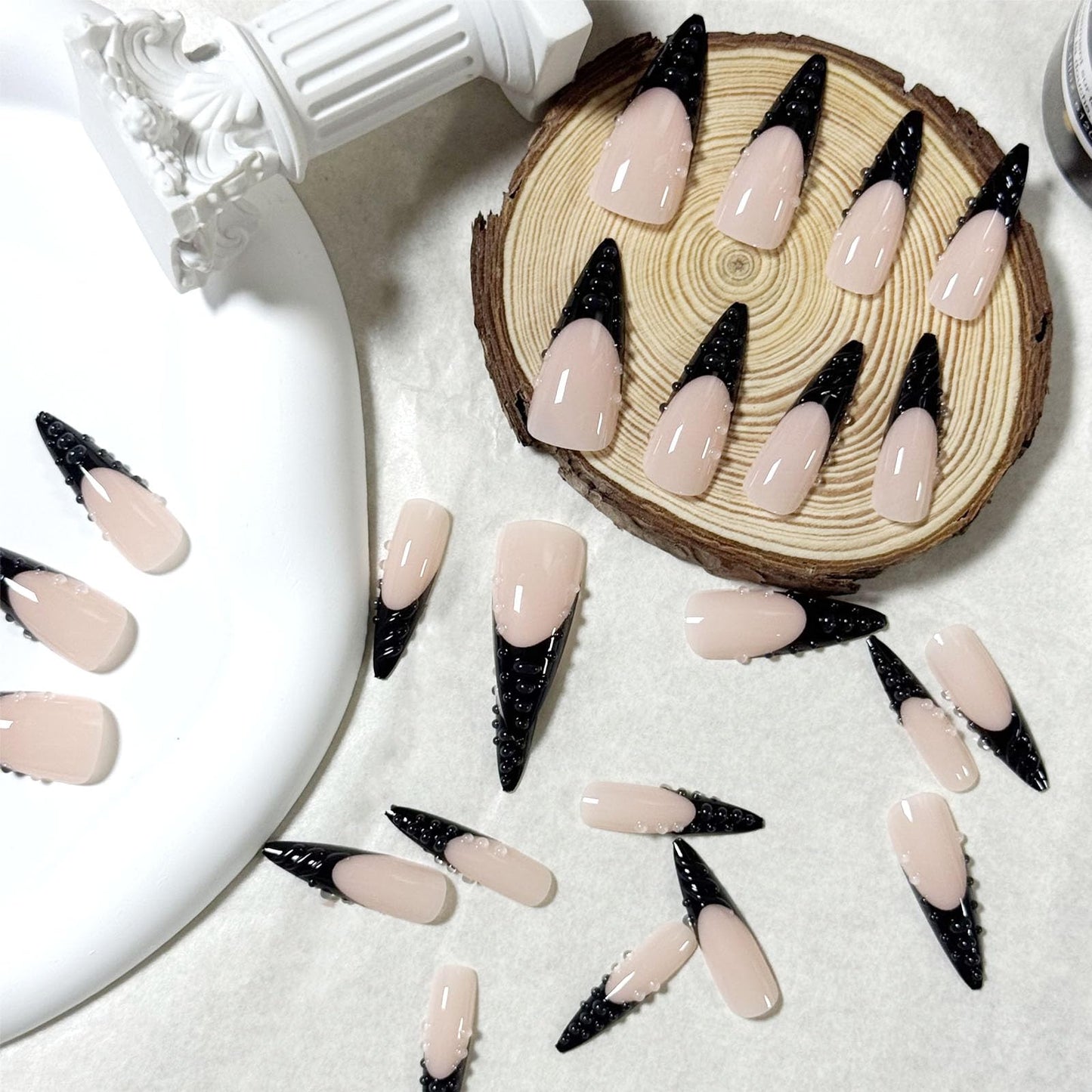 IMSOHOT Press on Nails - Long Stiletto Fake Nails Black French Tips False Nails with 3D Designs Full Cover Glossy Gel Handmade Glue on Nails Acrylic Nail Supplies