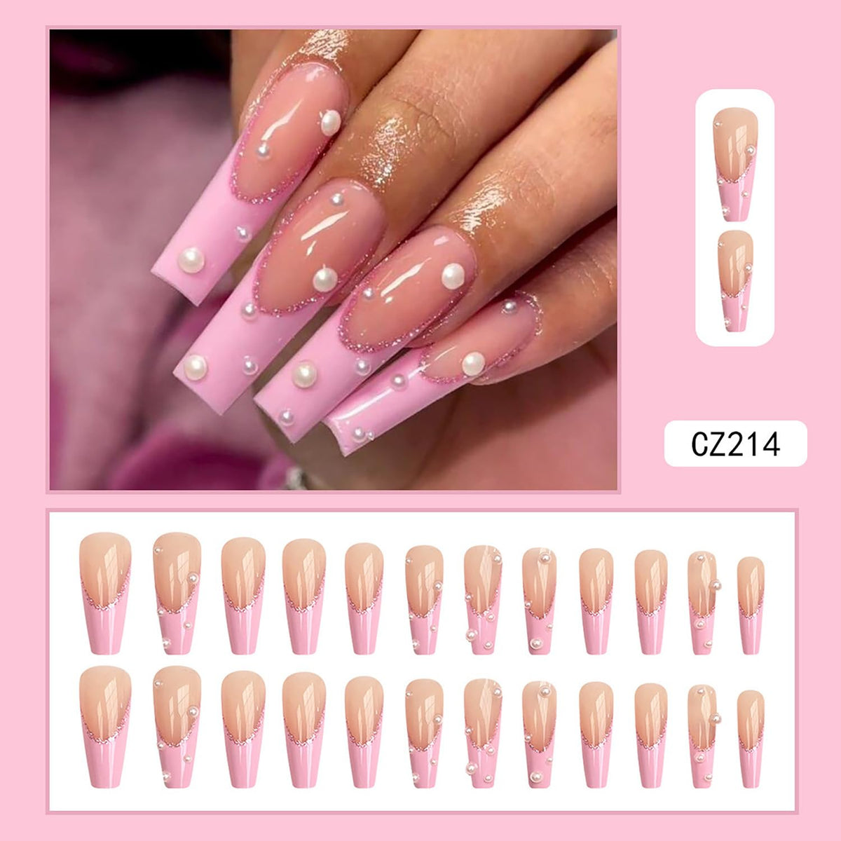 Vezocim Press on Nails Coffin Long French Tips Pink Glossy Full Cover Acrylic Square Fake Nails with Pearl Designs Extra Long Artificial False Nails Glue on Fingernails with Charm for Women Girls