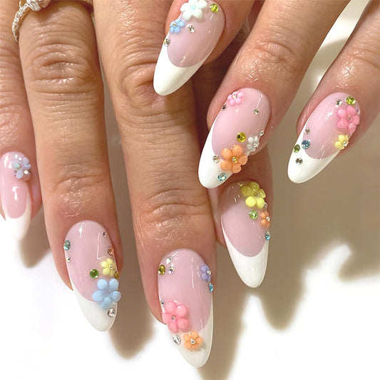 24Pcs French Tip Press on Nails Medium Almond Fake Nails with 3D Flower Designs White French Five-petal Floral Colorful Rhinestone Press Ons Cute Stick on Nails for Acrylic Manicure Decorations Tip