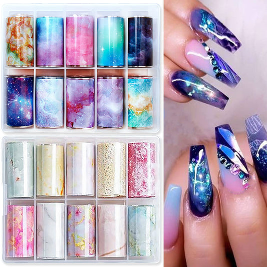 Nail Foil Transfer, DANNEASY 20 Roll Marble Nail Foils Starry Sky Holographic Naisl Art Stickers Decal Iridescent Foil for Nails Design for Women Girls