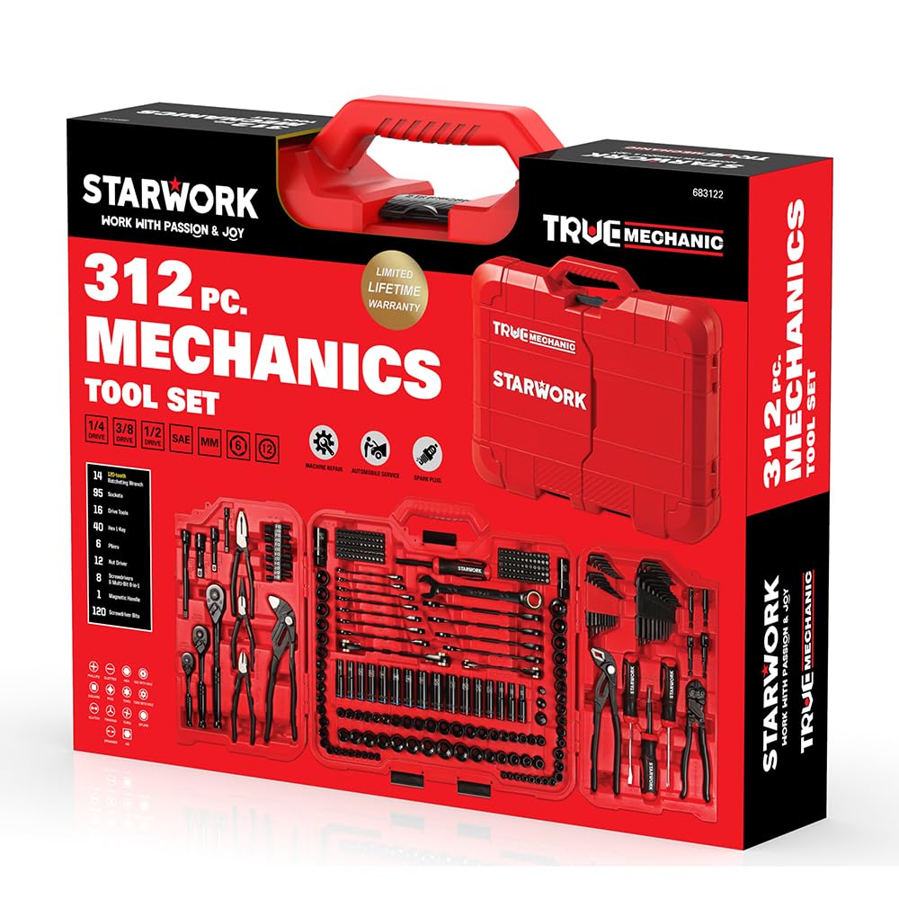 STARWORK TRUE MECHANIC 312-Piece Mechanics Tool Set and Socket Set, Professional【Pliers Wrench 】 SAE/Metric