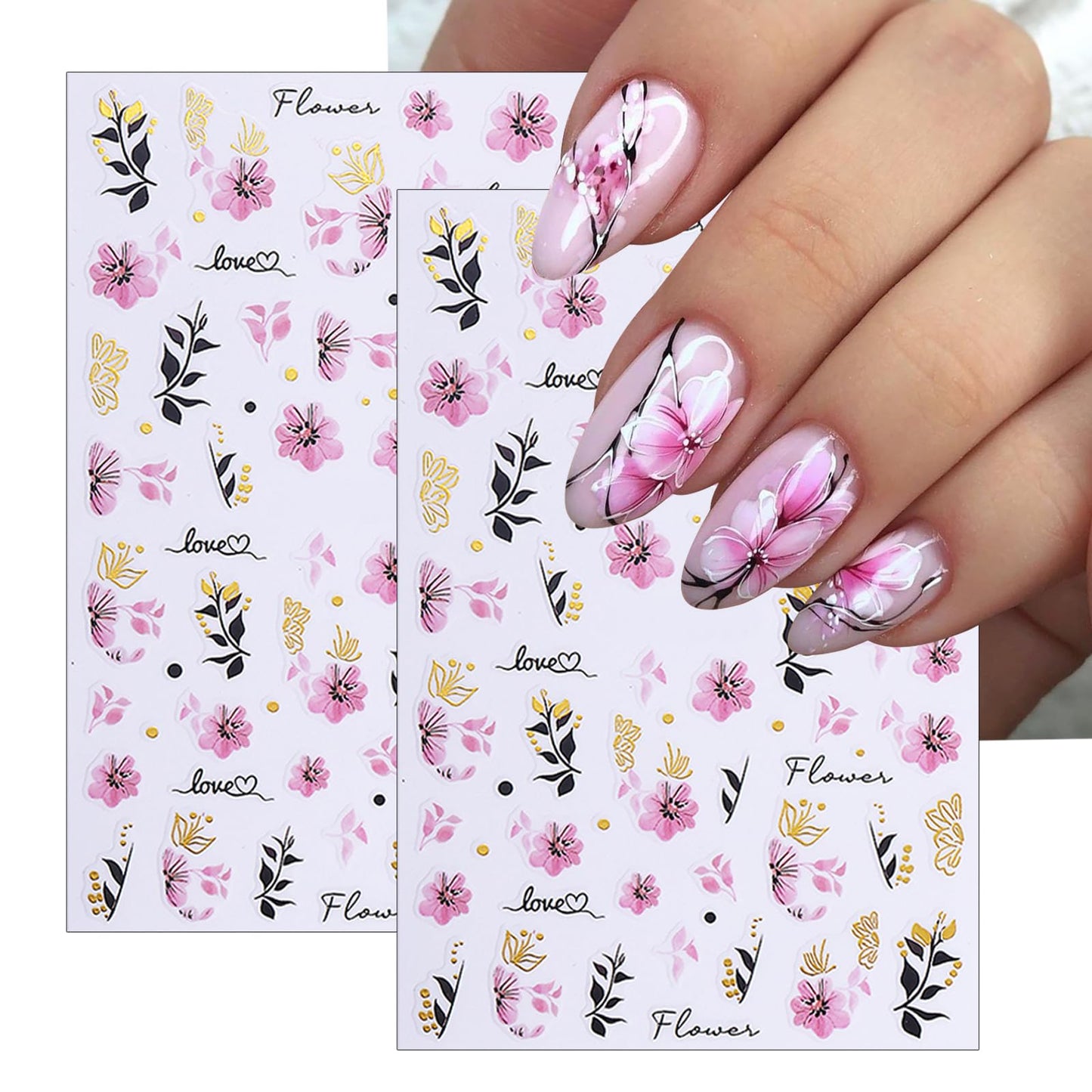 Spring Summer Japanese Floral Nail Art Stickers Golden Leaves Nail Art Supplies Pink Flowers Nail Art Accessories for Women Girls Manicure Decorations 6 Sheets