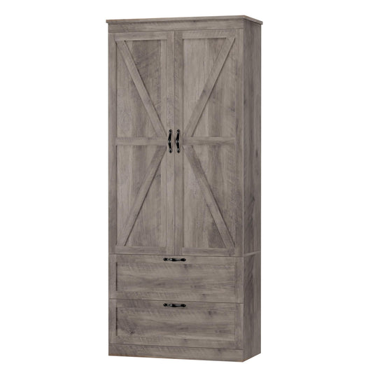 HOSTACK 70" Tall Kitchen Pantry Storage, Barn Doors Pantry Cabinet with Drawers and Adjustable Shelf, Modern Farmhouse Storage Cabinet for Kitchen, Dining Room, Living Room, Bathroom, Ash Grey