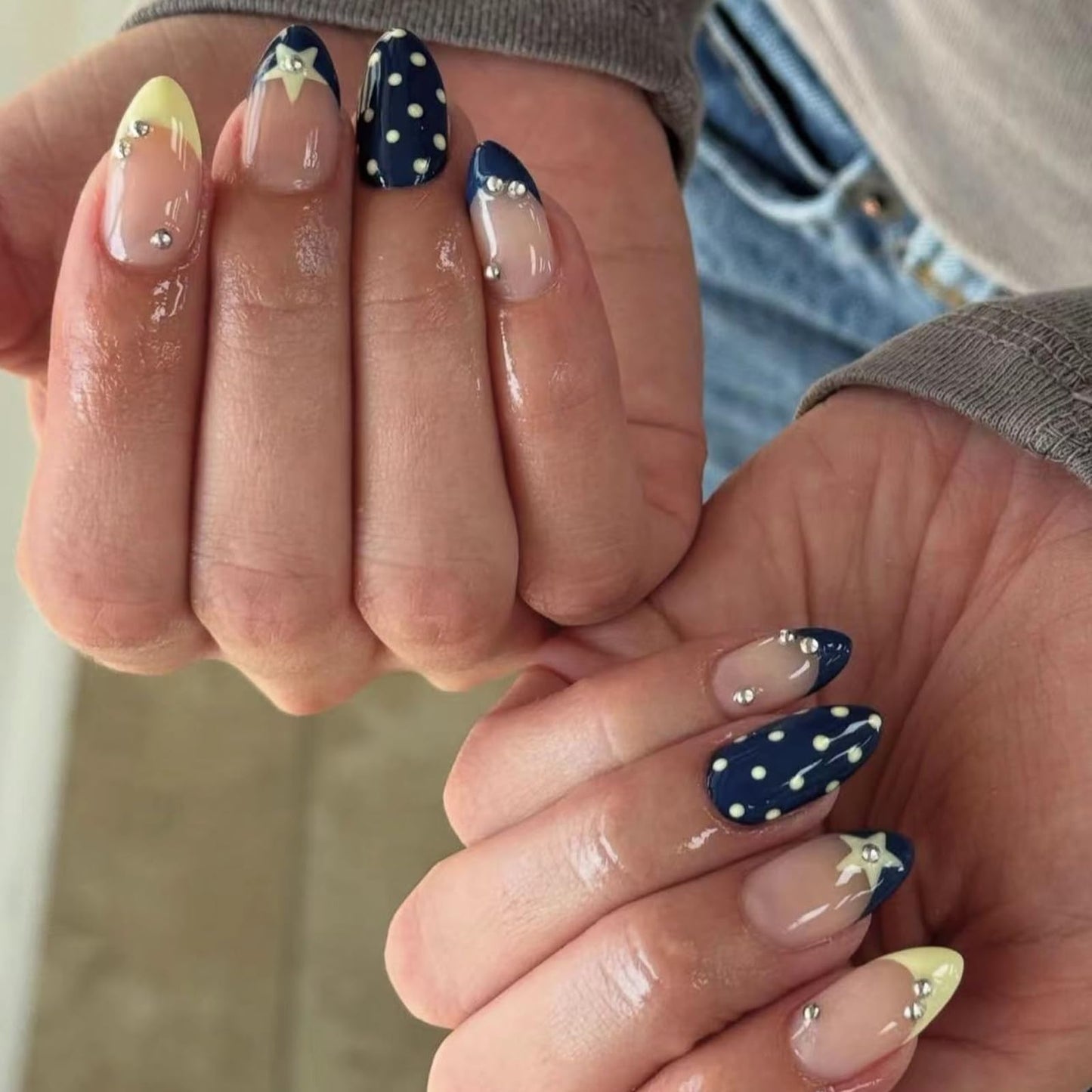 IMRAIN Polka Dot Press on Nails Medium Almond Fake Nails Glossy Blue Yellow Glue on Nails Cute French Nail Tips Acrylic Gel False Nails for Women Girls