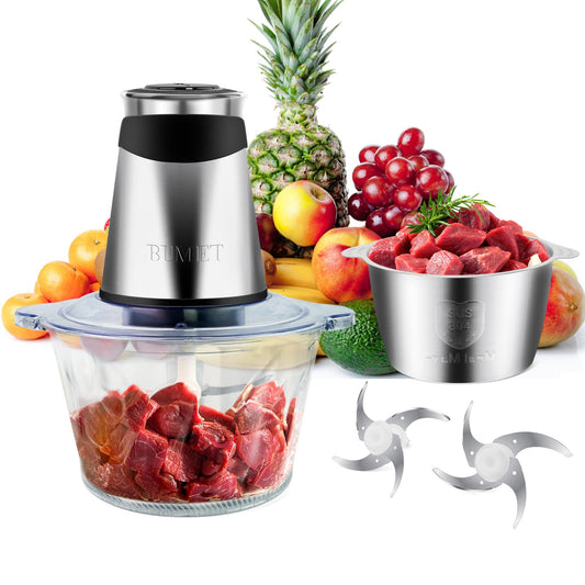 BUMET Electric food processor vegetable chopper 500W 2x8cup bowls 2 bi-layer 4 blades Small Food chopper Electric Meat grinder for home use,Mincing, and Puree for kitchen aid, baby foot, pet food