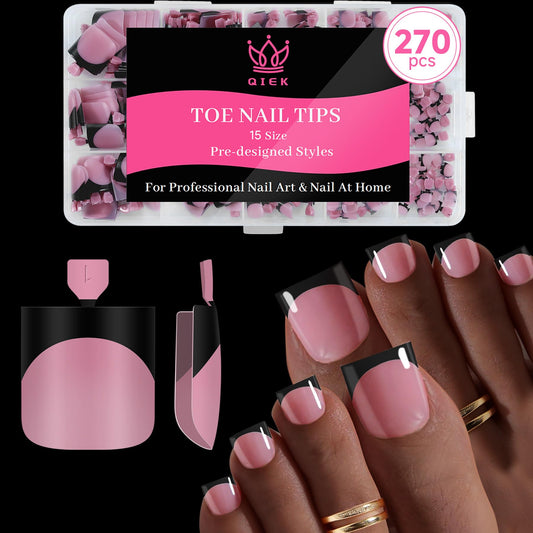 Qiek Toenail Press Ons French Tip, Berry Pink Black Elegant False Toe Nail Extension 15 Sizes 270 Pcs Sharp Square Acrylic Tips Pre-applied Nail Primer & Base Coat Full Cover for DIY Home 2025 Summer