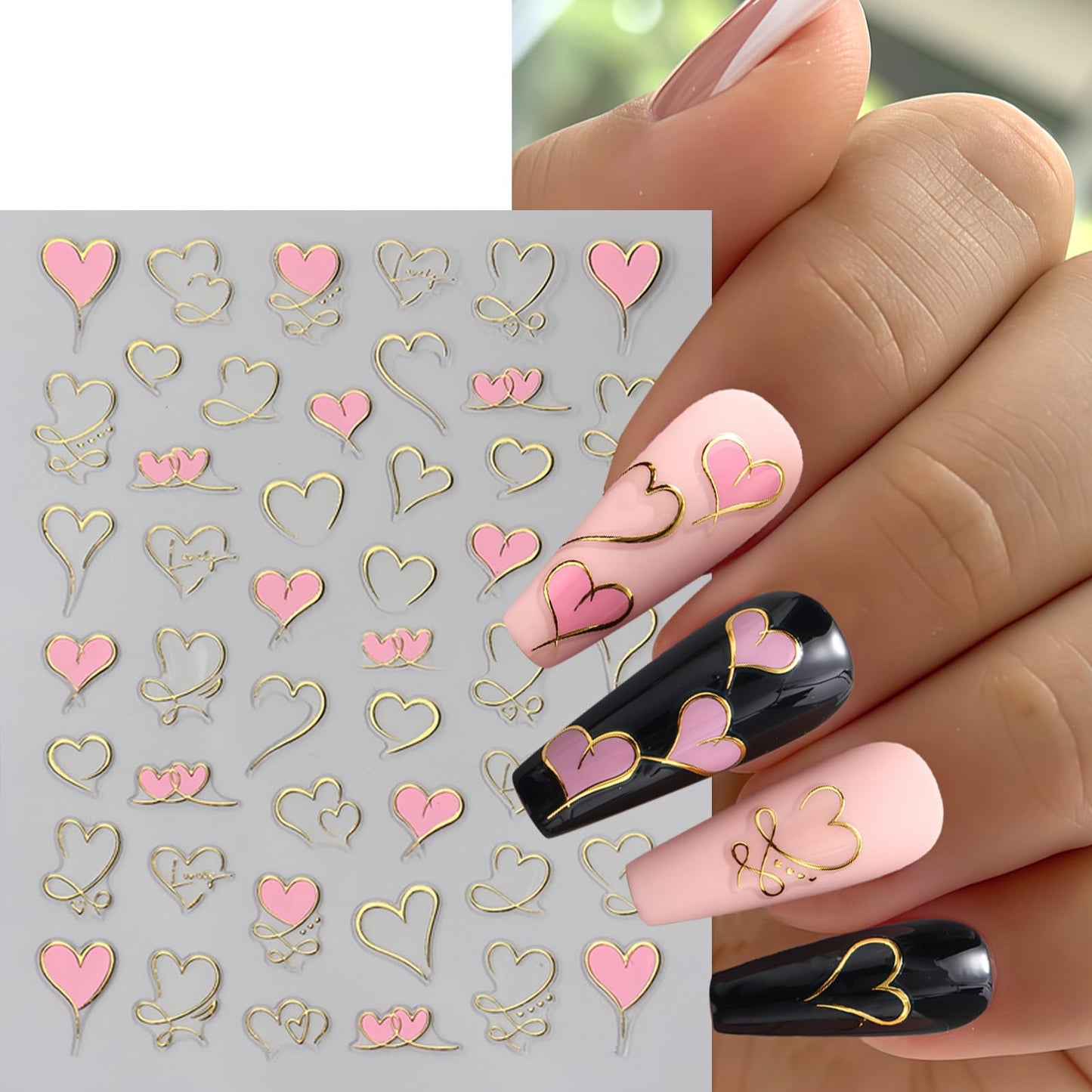 6 Pcs Heart Nail Art Stickers Valentines Day Nail Decals 3D Self Adhesive Hearts Nail Sticker Pink Purple Red Gold Heart Love Design Hollow Heart Nails Supplies Holiday Nail Accessories for Women