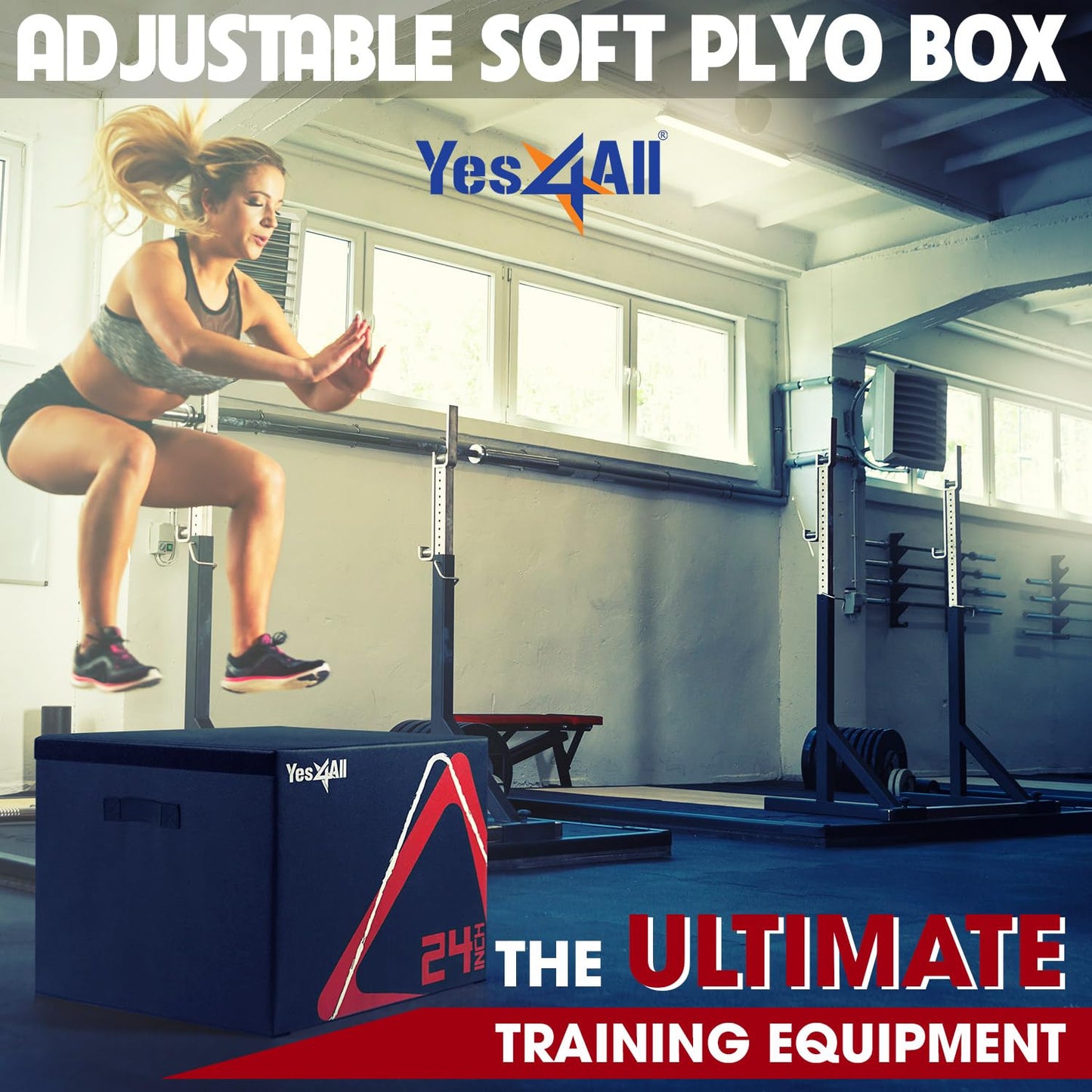 Yes4All Adjustable Soft Plyo Box, Jumping Trainer - For Plyometric Exercises and Conditioning, Multiple Height Variations, 24'', Black