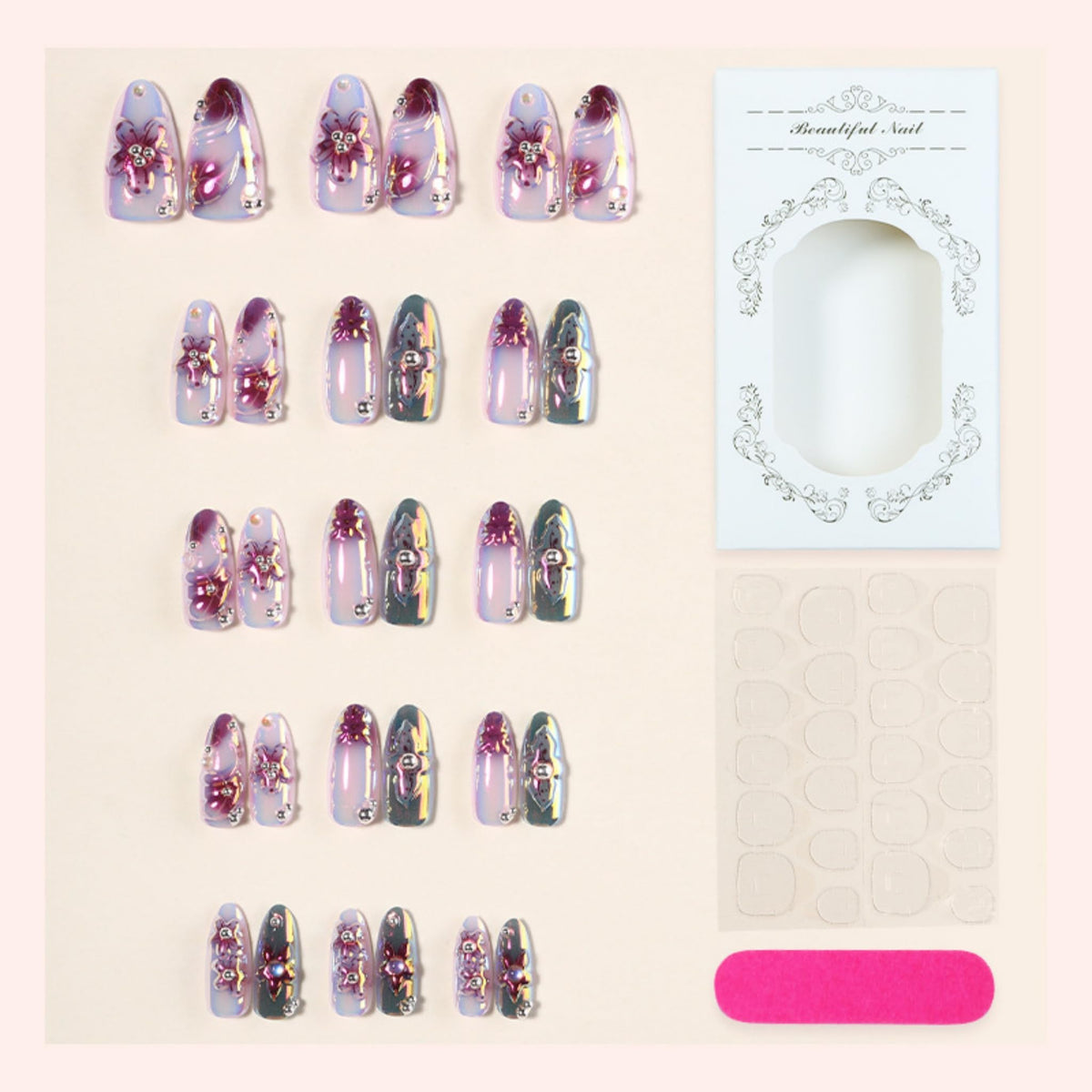 Almond Press on Nails Medium Fake Nails Purple Acrylic Nail Press ons SEENEEY Pink Floral and Silver Charm Designs Rhinestones Stick on Nail for Women 24pcs