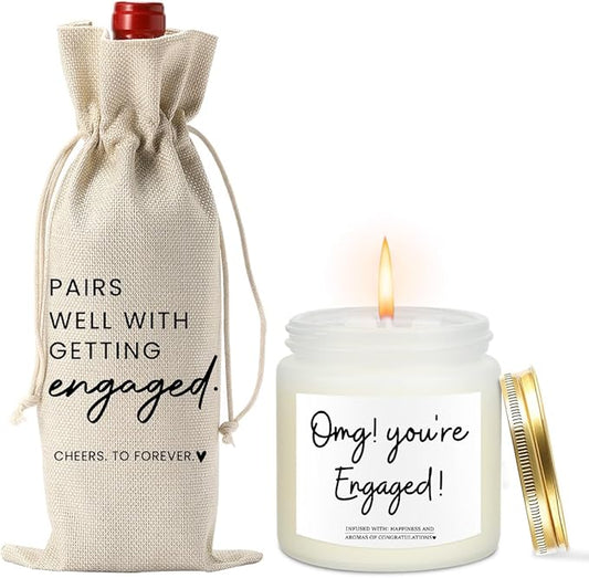 Engaged Engagement Gifts for Couples Her Engagement Party Decorations for Couple Wine Bag Scented Candles Set Pairs Well with Getting Engaged Wine Bag Omg Candles