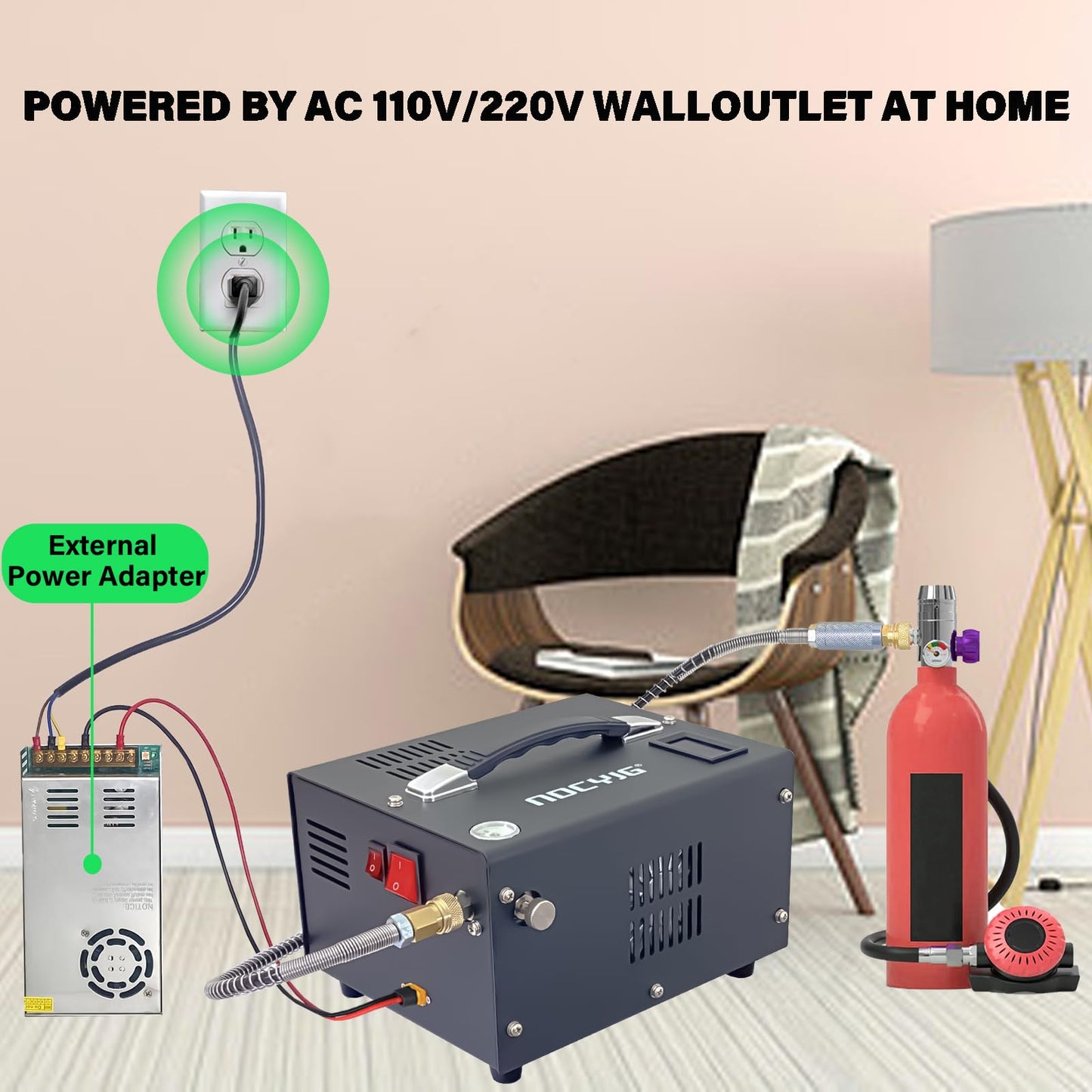 NDCYJG Pcp air compressor 4500PSI Portable Pcp Compressor 12V Dc/110V Ac Pcp Airgun Compressor Manual-stop w/External Power Adapter Built-in Fan Suitable for Paintball Air Rifle Scuba Bottle