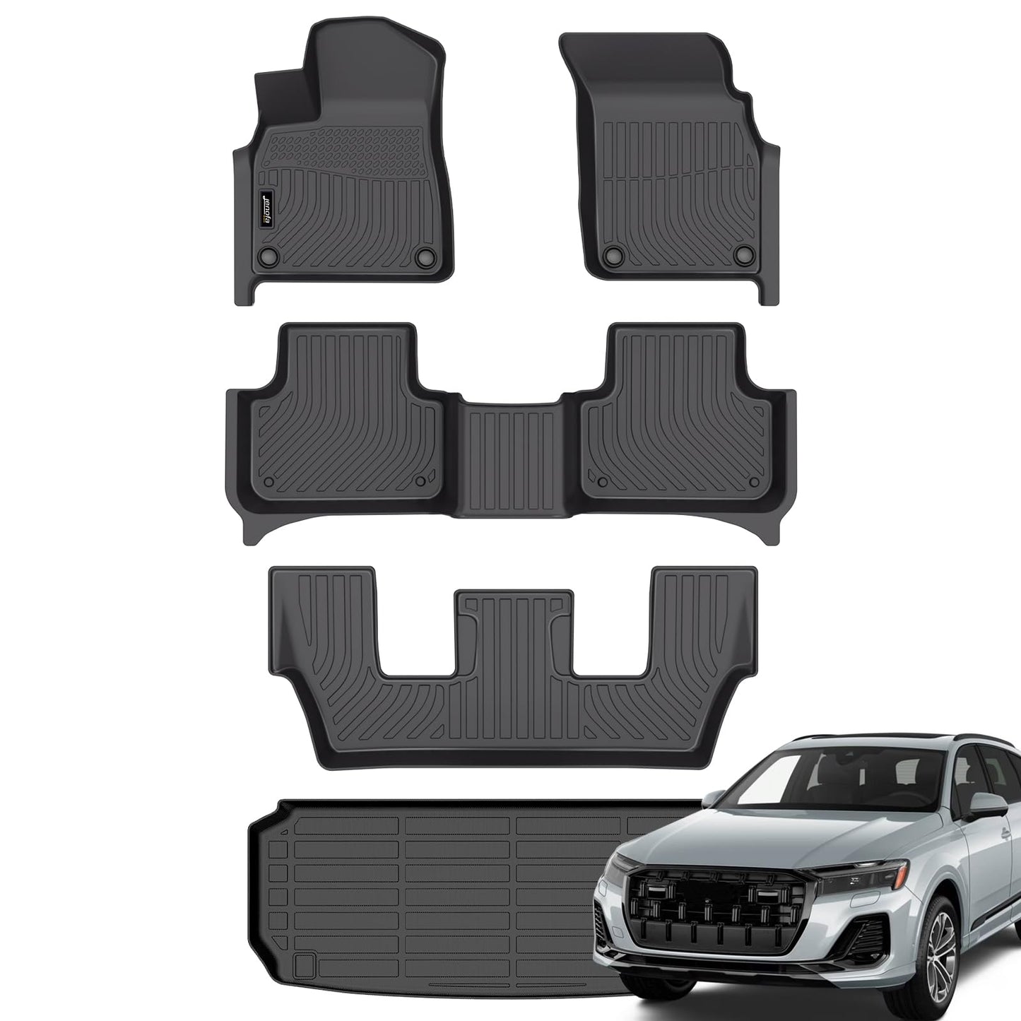 Jenofa-Floor Mats for Audi Q7 / SQ7 2017-2026 7 Seats Cargo Mat Car Mats All Weather Waterproof Durable Rubber High Edge Protection Floor Liners for 2024 Q7 Accessories Full Set Black