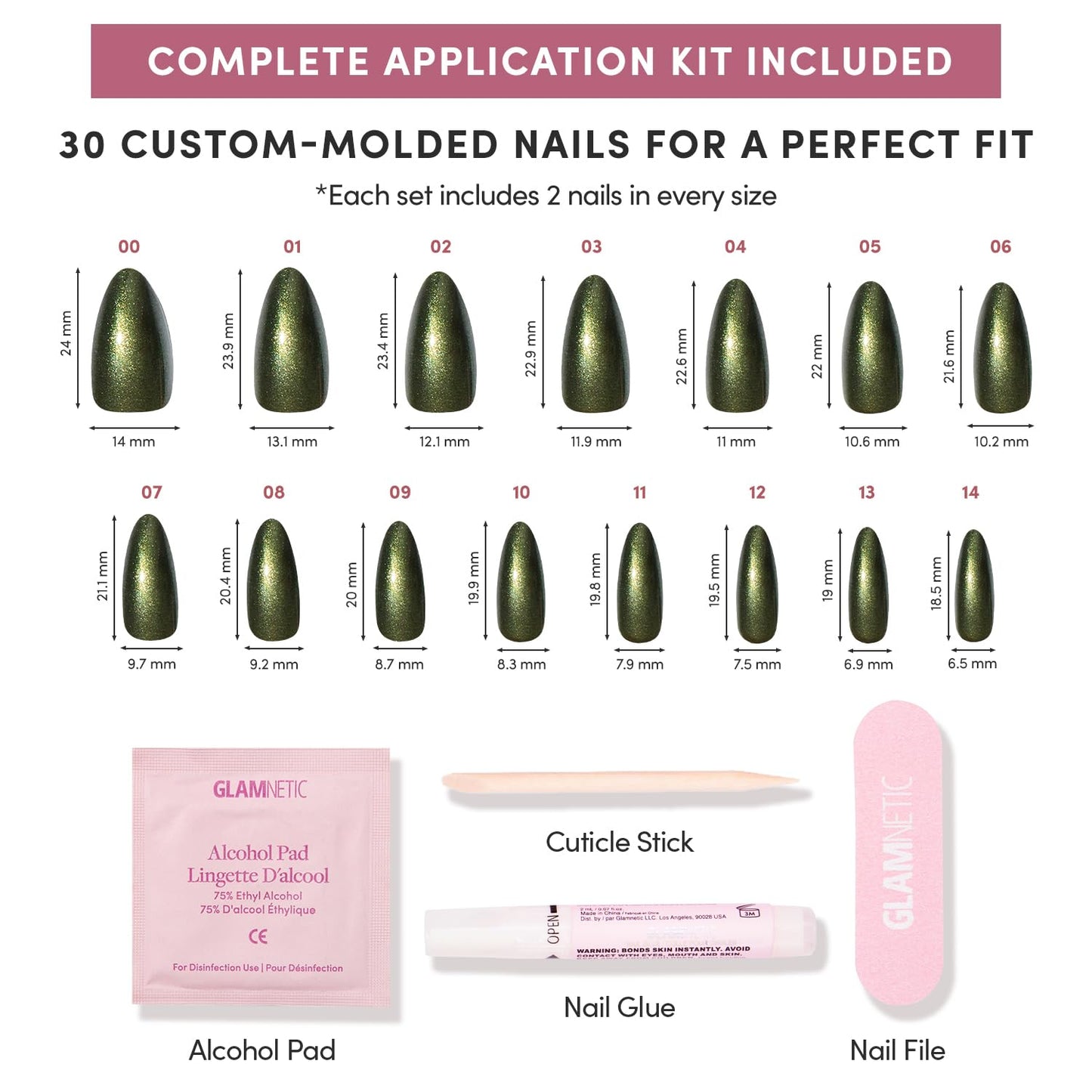 Glamnetic Press-On Nails Bundle - Cold Hearted, Velvet Pine & Cutie Pine | Short Almond Fake Nails with Heart Accent and Pale Blue Velvet Finish | Deep Green Short Oval Fake Nails with French Tips, Tr