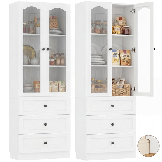 Cyclysio 80" Tall Pantry Cabinet for Kitchen Storage, White Pantry Cabinet with Glass Doors & 3 Drawers - Freestanding Storage Bookcase with Built-in Baseboard Notch for Dining, Living Room