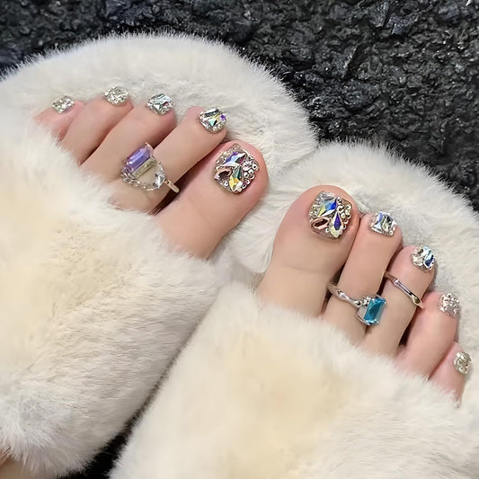 FIEONCIY 24pcs Press-on Square Acrylic False Nails Set with Glue, Charms & Designs for Women's Spring/Summer Toe Nails