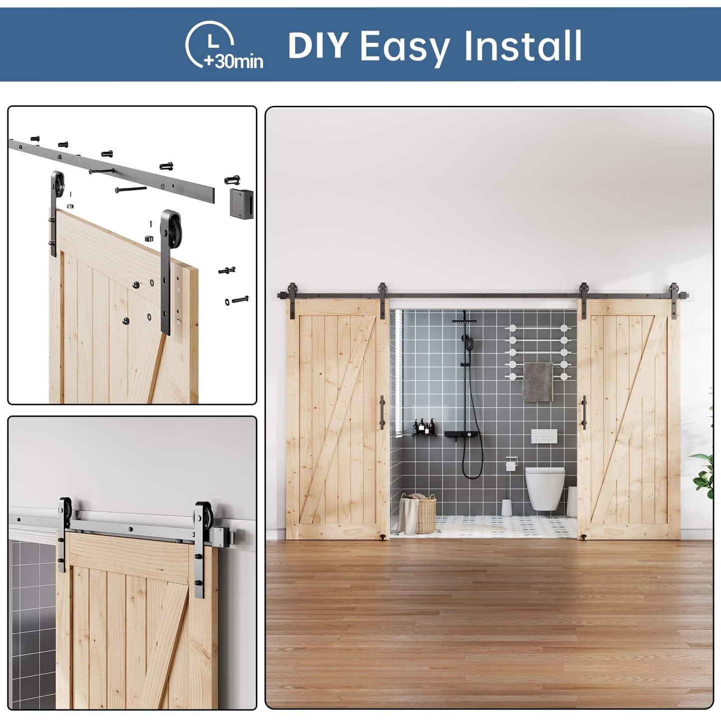 EaseLife 12FT Double Door Sliding Barn Door Hardware Track Kit & Handle,Big Industrial Spoke Wheel,Wall Mount,Slide Smoothly Quietly,Easy Install,Black,144" Track Fit for 68-70" Wide Opening (No Door)