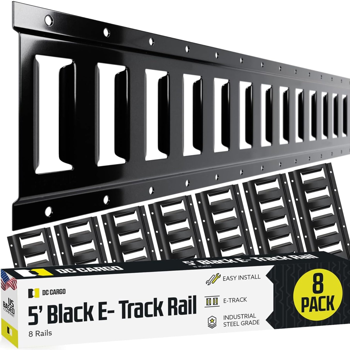 DC Cargo Mall E Track Tie Down Rail Kit 5' (8 Pack) for Garages, Vans, Trailers, Motorcycle Tie Downs, ATV Mountings-ETrack Bar Rails–Powder-Coat Black-Secure Cargo & Heavy Loads Up to 2,000lbs