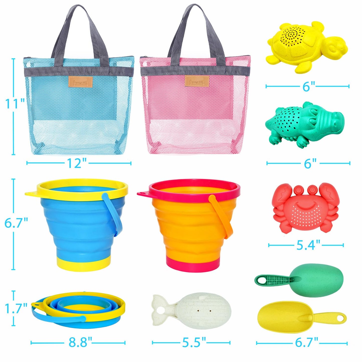 Aclarastra Collapsible Beach Toys for Kids Toddlers, Collapsible Sand Buckets Shovels Set with Mesh Bags and Sand Molds, Foldable Travel Sand Toys for Beach Sandbox Toys for Kids