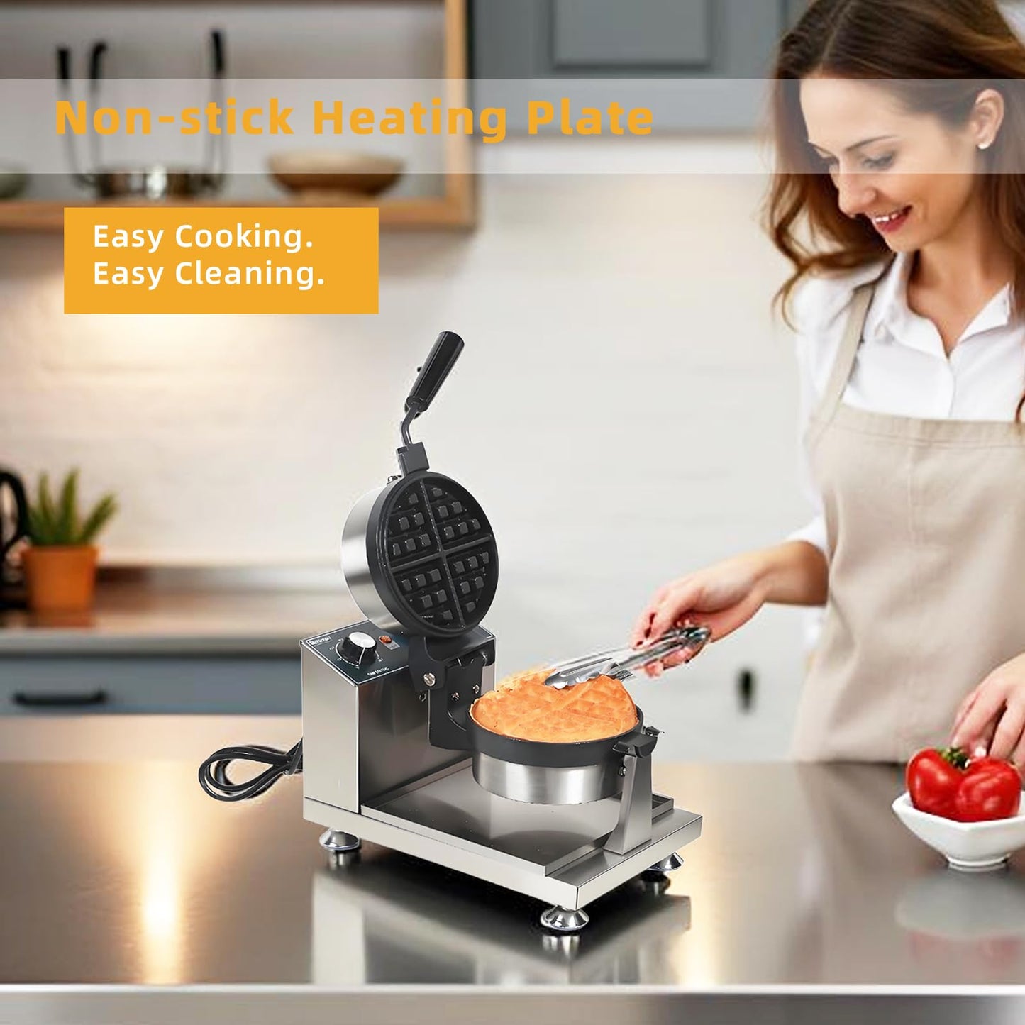Hehinton® 110V 1300W Commercial Belgian Waffle Maker, 180 Degree Rotatable Waffle Baker Machine with 122-572℉ Temp Control, 0-5min Timer, φ7"X1.2" Thick Non-Stick Dough/Batter Round Waffle Maker