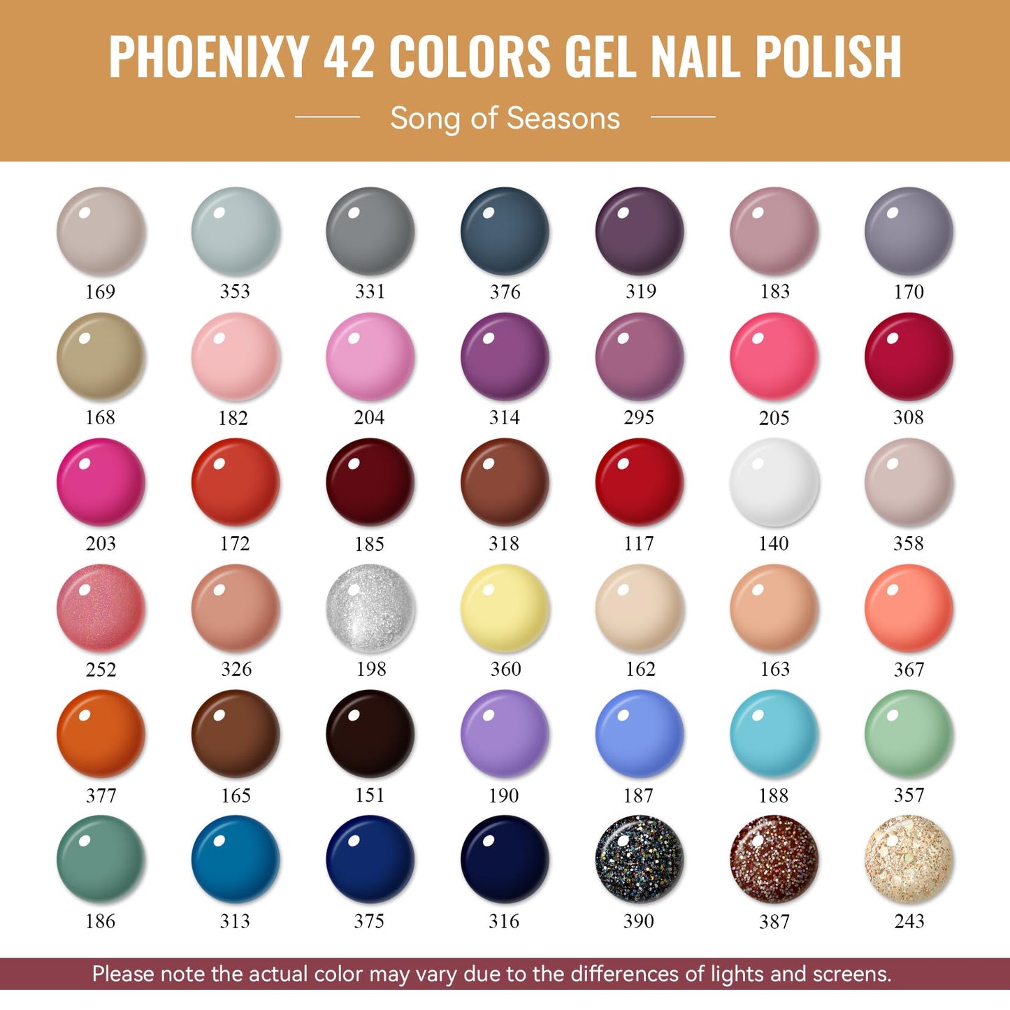 PHOENIXY 50 Pcs Gel Nail Polish Set, 42 Colors Nail Polish with 2 Base Coat & 4 Effects Top Coat Red Brown Colors Gel Polish Kit Nail Starter Set Christmas Gifts for Women Girls