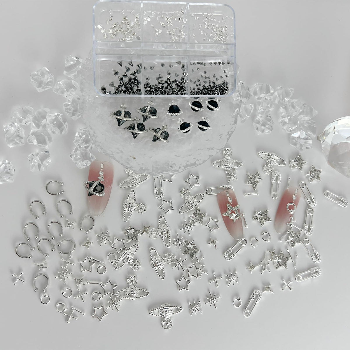 110 pcs Punk Nail Charms 3D Goth Jewelry Kit, Y2K Metal Planet Star Cross Spike Accessories, Alloy Rhinestones for Acrylic Gel Art Design (punk)
