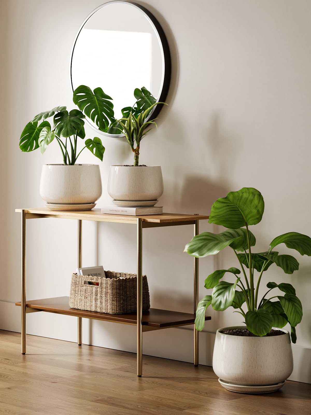 LE TAUCI Ceramic Plant Pots, Set of 2, 10 + 12 Inch Plant Pot, Elegant Planters for Indoor Plants, Sturdy Planter with Drainage Hole and Saucers, Perfect for Home Decor, Reactive Glaze Beige