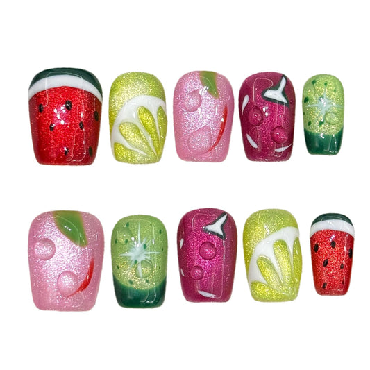 Tesytto Glitter Press on Nails Short Coffin Summer Fruit Nails Cateyes with 3D Water Drop, Hand-painted Watermelon & Lemon Art, Reusable Acrylic Full Cover Fake Nails, 10pcs (Fruit Party,L)