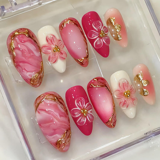 30Pcs Pink Press on Nails Medium Almond Fake Nails with 3D Flowers Pearl Designs Gold Flower False Nails Pink Gradient Acrylic Nail Tips Peach Blossoms Full Cover Stick on Nails for Women