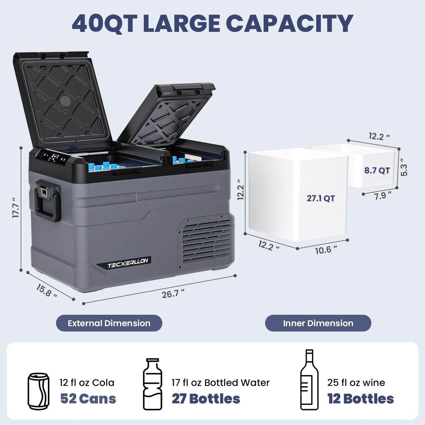 TECXERLLON 12 Volt Car Refrigerator Dual Zone Electric Cooler, 40 Quart Portable Freezer Fridge with APP Control, Compatible with Detachable Battery (Not Included), for Overlanding, Camping, RV, Truck
