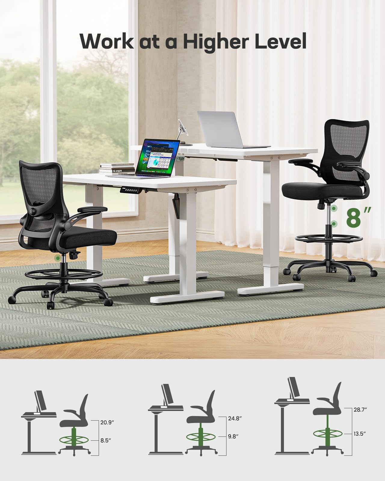 Marsail Drafting Chair, Tall Office Chair with 2D Lumbar Support, Standing Desk Chair with Padded Flip-Up Armrests & Adjustable Footrest Ring, Black