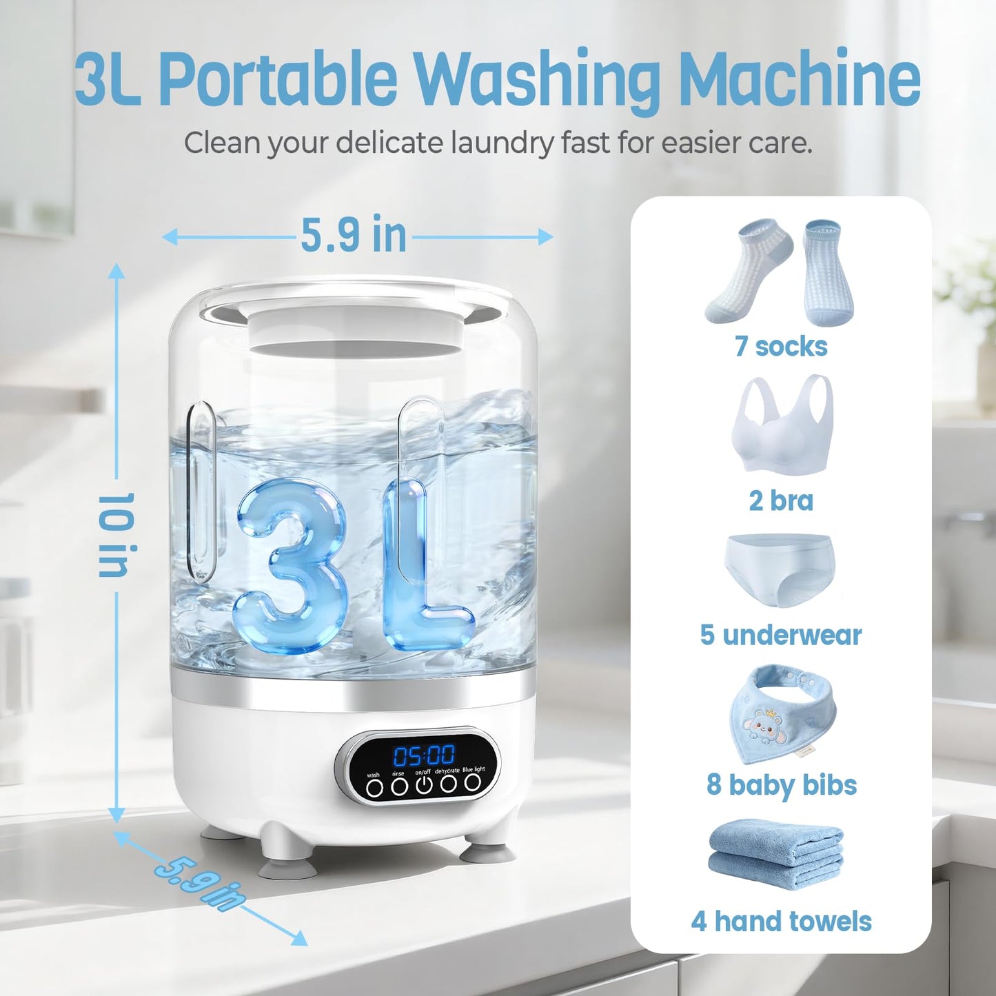 Mini Washing Machine, 3L Small Washer with Drain Hose & Spin Basket, Cordless 3000mAh, Compact Apartment Washing Machine of Underwear, Socks, Baby Clothes, Ideal for Apartment, RV, Travel（White）
