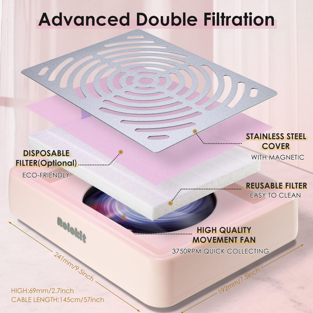 Nail Dust Collector with Lamp&50pcs Disposable Filter&Dusting Brush, Electric Nail Vacuum Cleaner Dust Fan Suction Machine for Manicure Acrylic Gel Nails Polishing, Low Noise,Salon Home