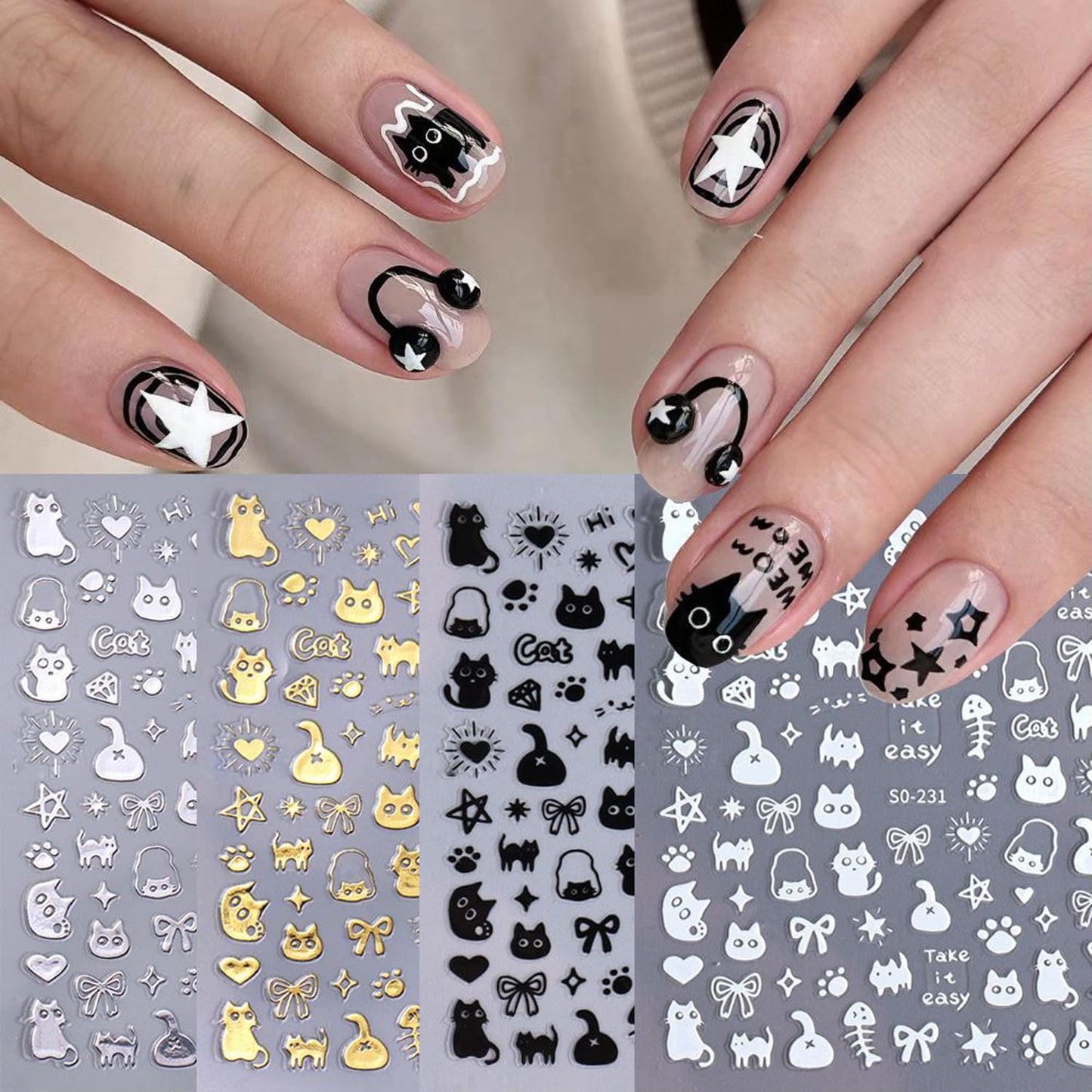 Cat Nail Stickers - 8 Sheets Cute 3D Self Adhesive Gold Silver Black White Cat Design Decals for Kids, Girls, Women DIY Nail Decoration