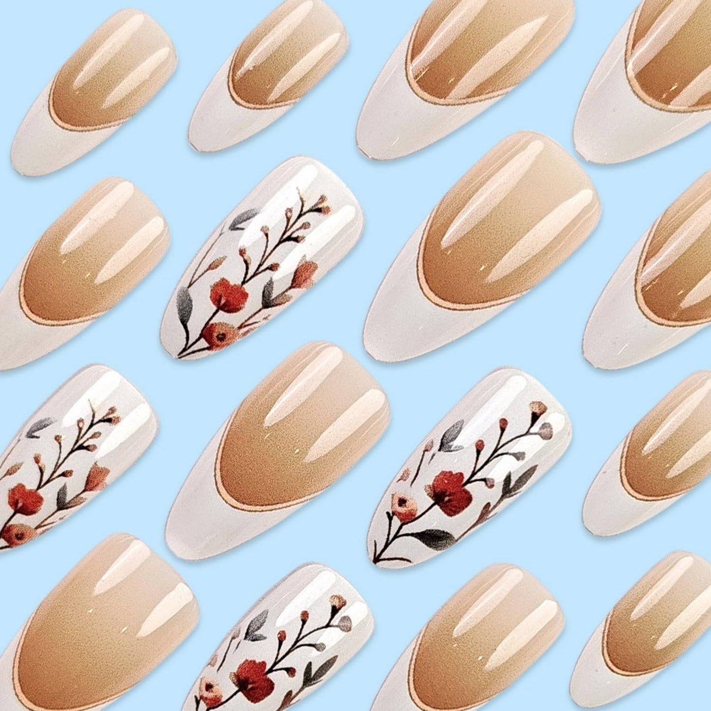 Almond Press on Nails Medium Length Fake Nails with Flower designs Spring Stick on Nails Glossy White French Tip Press ones False Nails Gel Glue on Nails for Women Girls Summer 24pcs